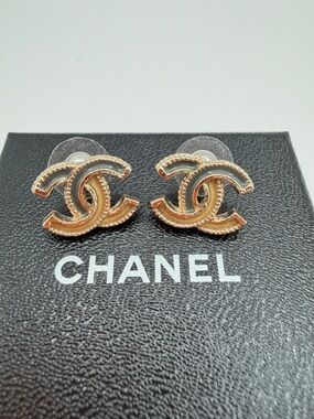 CHANEL Authentic CC Stud Earrings Teal Beige in Original Box